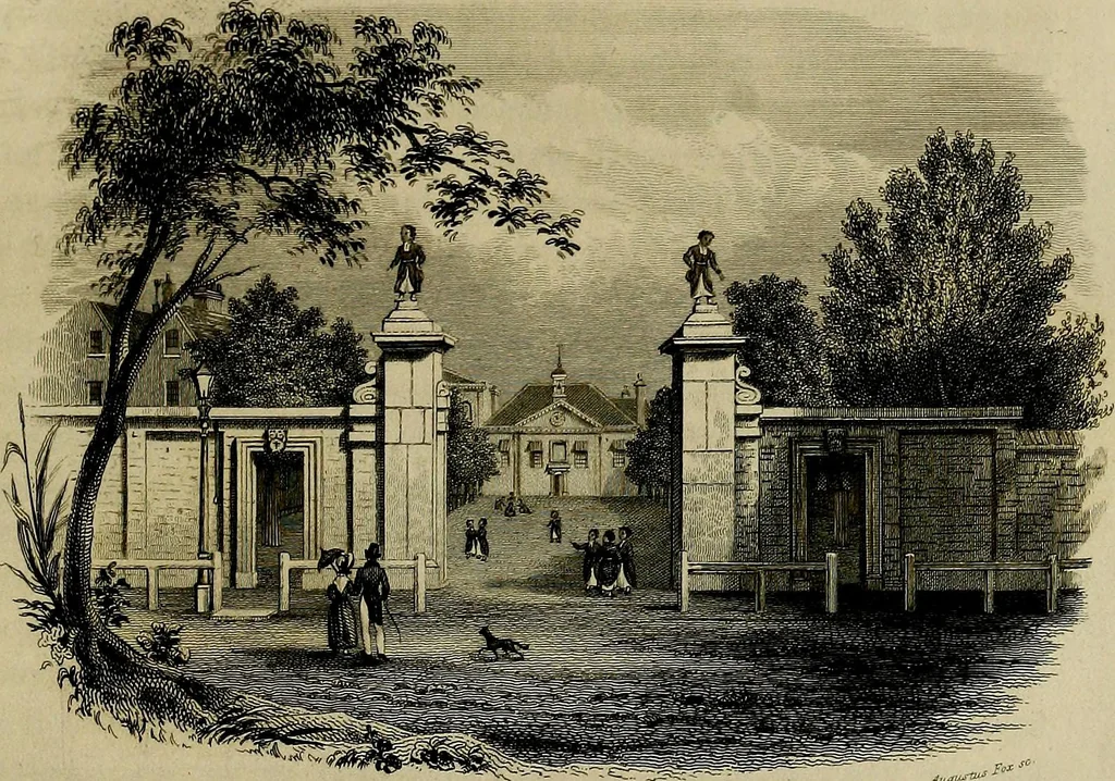 An illustration from A history of the royal foundation of Christ's Hospital : with an acount of the plan of education, the internal economy of the institution, and memoirs of eminent Blues : preceded by a narrative of the rise, progress, and suppression of the convent of the Grey Friars in London, 1834, leaf 136