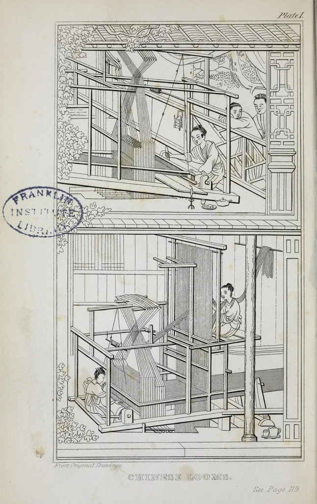 An illustration from The history of silk, cotton, linen, wool, and other fibrous substances : including observations on spinning, dyeing, and weaving : also an account of the pastoral life of the ancients, their social state and attainments in the domestic arts : with appendices on Pliny's Natural history, on the origin and manufacture of linen and cotton paper, on felting, netting, &c., deduced from copious and authentic sources, 1845, leaf 8