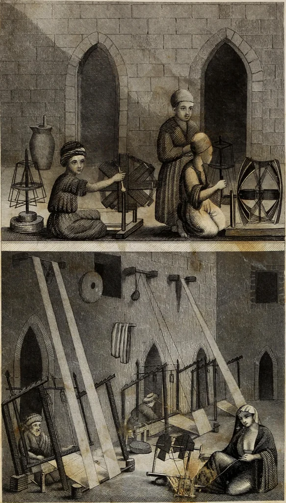 An illustration from The history of silk, cotton, linen, wool, and other fibrous substances : including observations on spinning, dyeing, and weaving : also an account of the pastoral life of the ancients, their social state and attainments in the domestic arts : with appendices on Pliny's Natural history, on the origin and manufacture of linen and cotton paper, on felting, netting, &c., deduced from copious and authentic sources, 1845, leaf 125