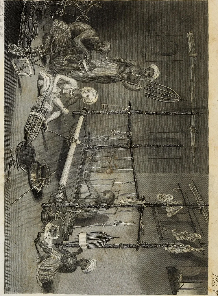 An illustration from The history of silk, cotton, linen, wool, and other fibrous substances : including observations on spinning, dyeing, and weaving : also an account of the pastoral life of the ancients, their social state and attainments in the domestic arts : with appendices on Pliny's Natural history, on the origin and manufacture of linen and cotton paper, on felting, netting, &c., deduced from copious and authentic sources, 1845, leaf 350