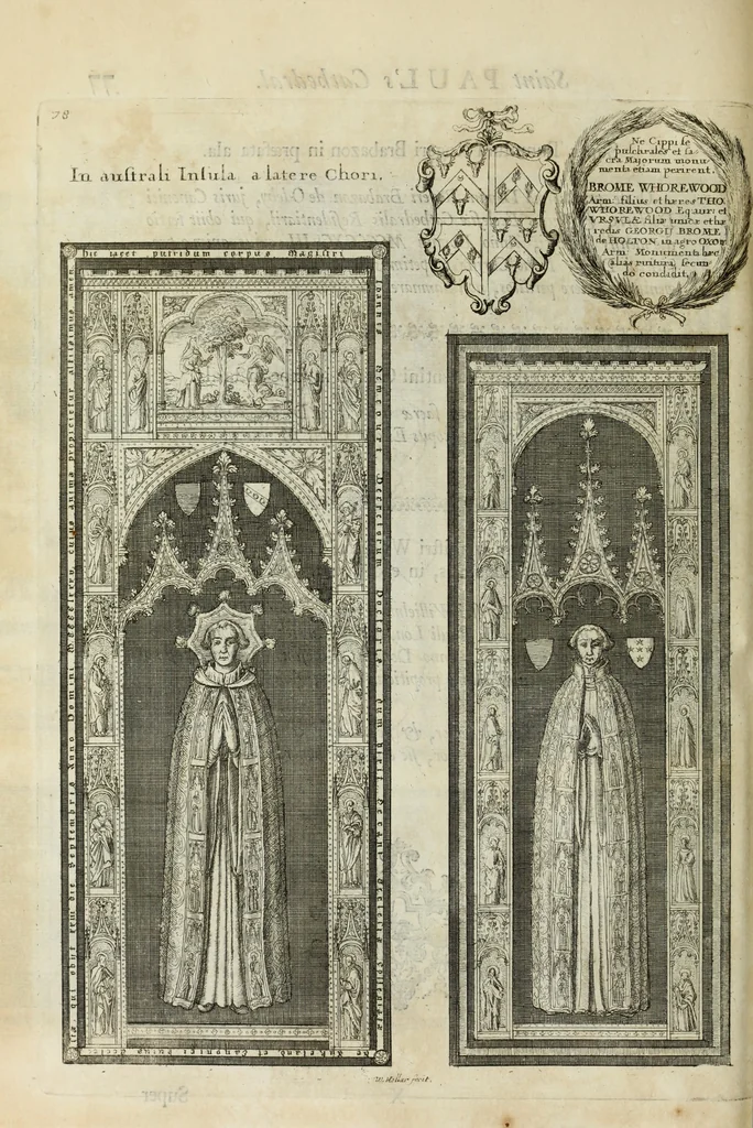 An illustration from The history of St. Paul's Cathedral in London, from its foundation ... : beautified with sundry prospects of the old fabrick, which was destroyed by the fire of that city, 1666 : as also with the figures of the tombs and monuments therein, which were all defaced in the late rebellion : whereunto is added, a continuation thereof, setting forth what was done in the structure of the new church, to the year 1685 : likewise, an historical account of the northern cathedrals, and chief collegiate churches in the province of York, 1716, leaf 127