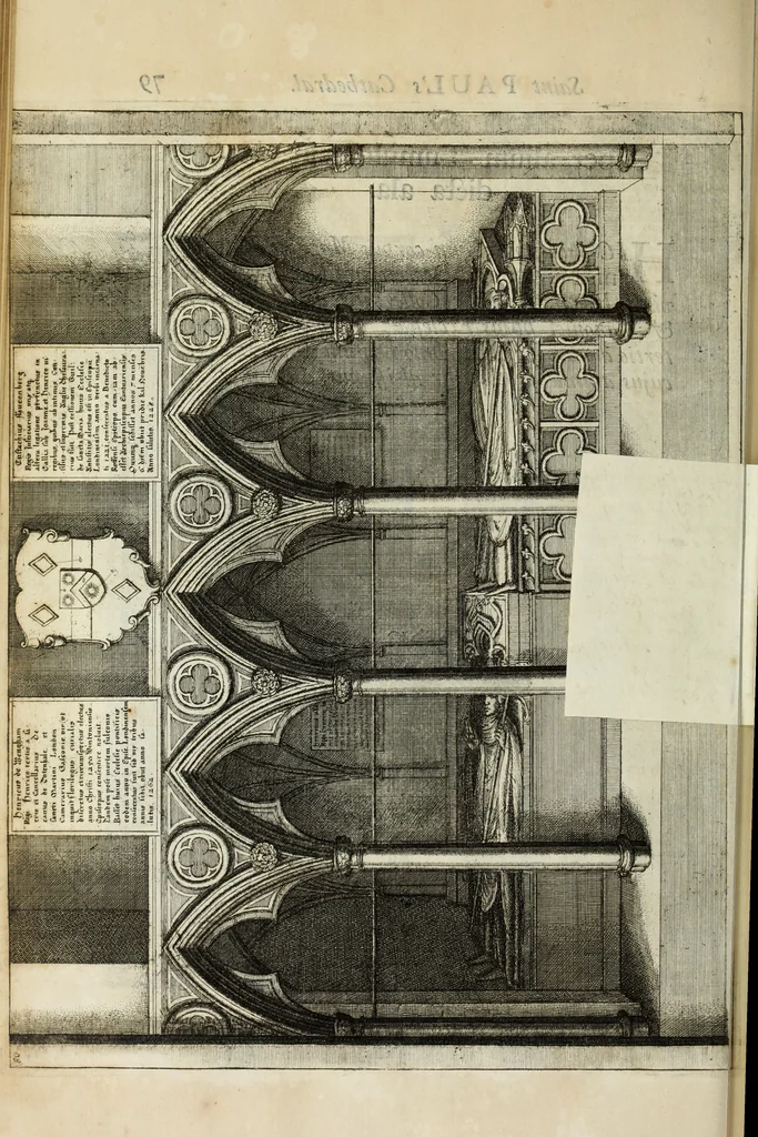 An illustration from The history of St. Paul's Cathedral in London, from its foundation ... : beautified with sundry prospects of the old fabrick, which was destroyed by the fire of that city, 1666 : as also with the figures of the tombs and monuments therein, which were all defaced in the late rebellion : whereunto is added, a continuation thereof, setting forth what was done in the structure of the new church, to the year 1685 : likewise, an historical account of the northern cathedrals, and chief collegiate churches in the province of York, 1716, leaf 131