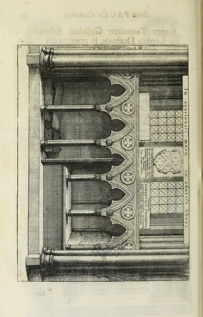 An illustration from The history of St. Paul's Cathedral in London, from its foundation ... : beautified with sundry prospects of the old fabrick, which was destroyed by the fire of that city, 1666 : as also with the figures of the tombs and monuments therein, which were all defaced in the late rebellion : whereunto is added, a continuation thereof, setting forth what was done in the structure of the new church, to the year 1685 : likewise, an historical account of the northern cathedrals, and chief collegiate churches in the province of York, 1716, leaf 153