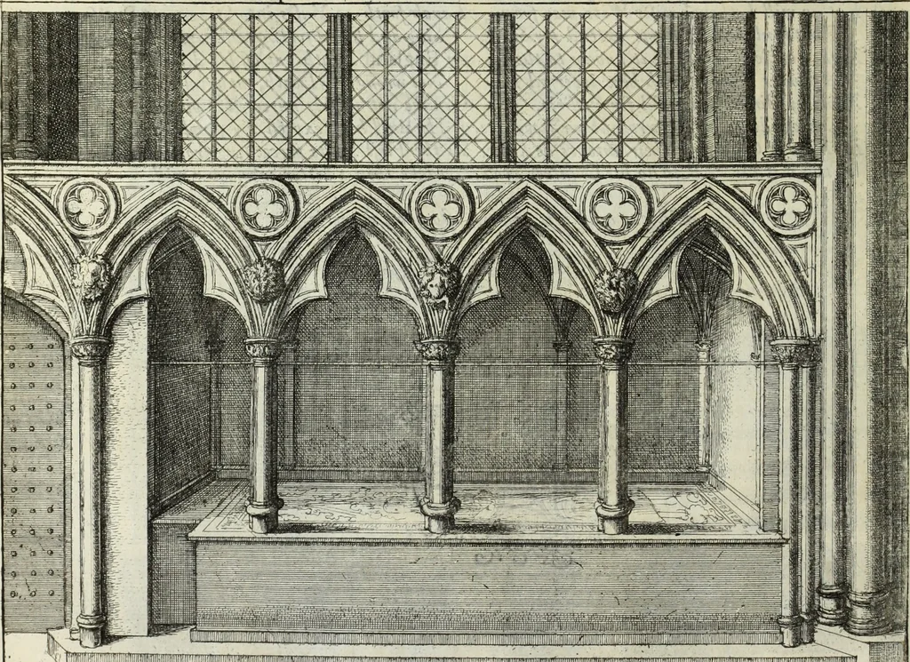 An illustration from The history of St. Paul's Cathedral in London, from its foundation ... : beautified with sundry prospects of the old fabrick, which was destroyed by the fire of that city, 1666 : as also with the figures of the tombs and monuments therein, which were all defaced in the late rebellion : whereunto is added, a continuation thereof, setting forth what was done in the structure of the new church, to the year 1685 : likewise, an historical account of the northern cathedrals, and chief collegiate churches in the province of York, 1716, leaf 155