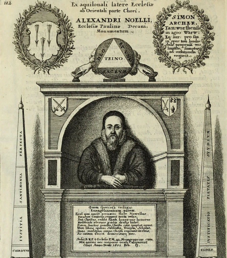 An illustration from The history of St. Paul's Cathedral in London, from its foundation ... : beautified with sundry prospects of the old fabrick, which was destroyed by the fire of that city, 1666 : as also with the figures of the tombs and monuments therein, which were all defaced in the late rebellion : whereunto is added, a continuation thereof, setting forth what was done in the structure of the new church, to the year 1685 : likewise, an historical account of the northern cathedrals, and chief collegiate churches in the province of York, 1716, leaf 165