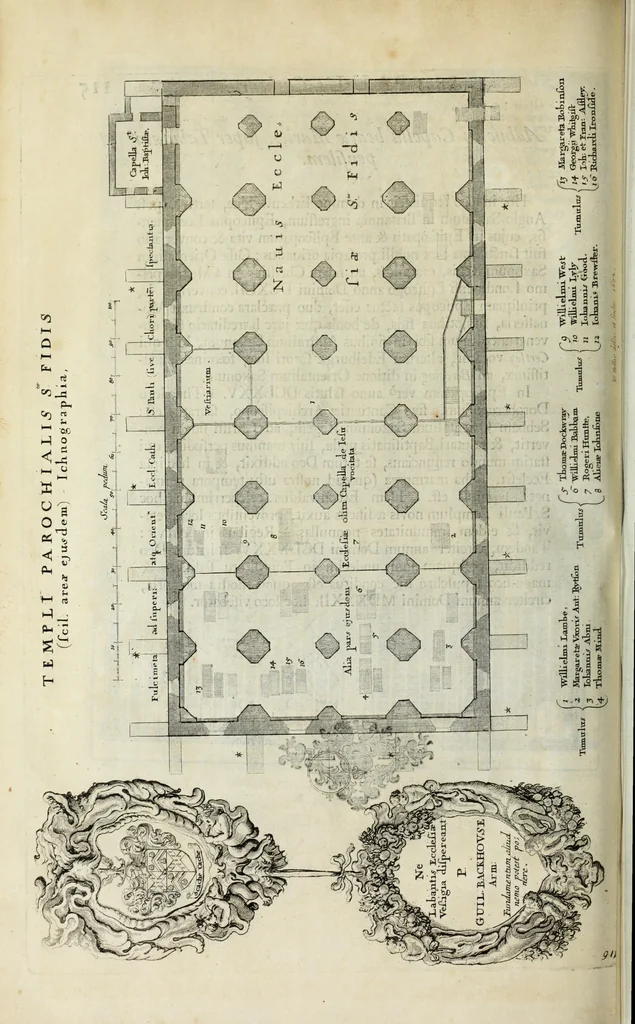 An illustration from The history of St. Paul's Cathedral in London, from its foundation ... : beautified with sundry prospects of the old fabrick, which was destroyed by the fire of that city, 1666 : as also with the figures of the tombs and monuments therein, which were all defaced in the late rebellion : whereunto is added, a continuation thereof, setting forth what was done in the structure of the new church, to the year 1685 : likewise, an historical account of the northern cathedrals, and chief collegiate churches in the province of York, 1716, leaf 169