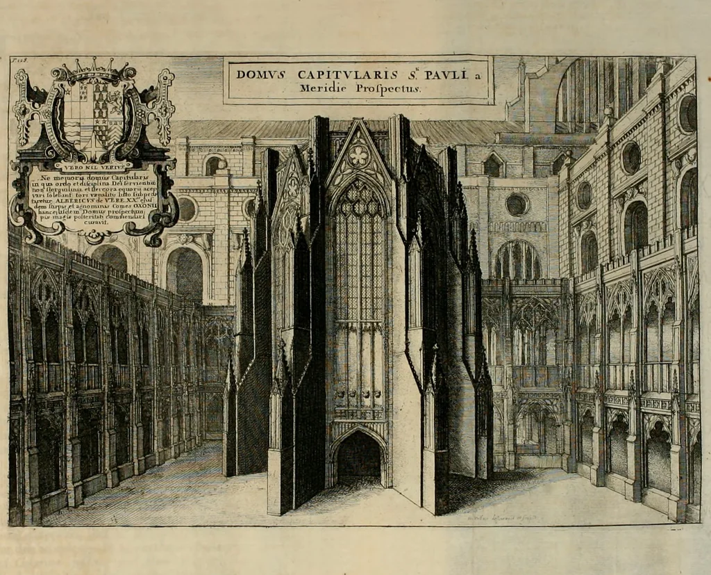 An illustration from The history of St. Paul's Cathedral in London, from its foundation ... : beautified with sundry prospects of the old fabrick, which was destroyed by the fire of that city, 1666 : as also with the figures of the tombs and monuments therein, which were all defaced in the late rebellion : whereunto is added, a continuation thereof, setting forth what was done in the structure of the new church, to the year 1685 : likewise, an historical account of the northern cathedrals, and chief collegiate churches in the province of York, 1716, leaf 182
