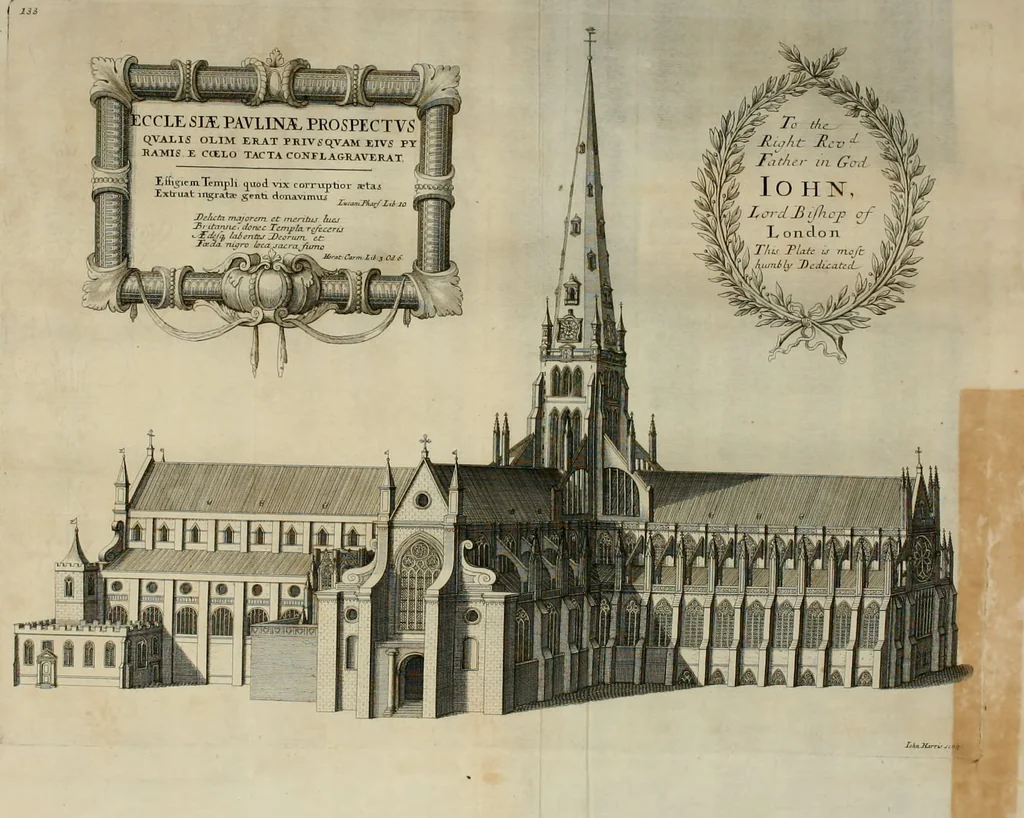 An illustration from The history of St. Paul's Cathedral in London, from its foundation ... : beautified with sundry prospects of the old fabrick, which was destroyed by the fire of that city, 1666 : as also with the figures of the tombs and monuments therein, which were all defaced in the late rebellion : whereunto is added, a continuation thereof, setting forth what was done in the structure of the new church, to the year 1685 : likewise, an historical account of the northern cathedrals, and chief collegiate churches in the province of York, 1716, leaf 190