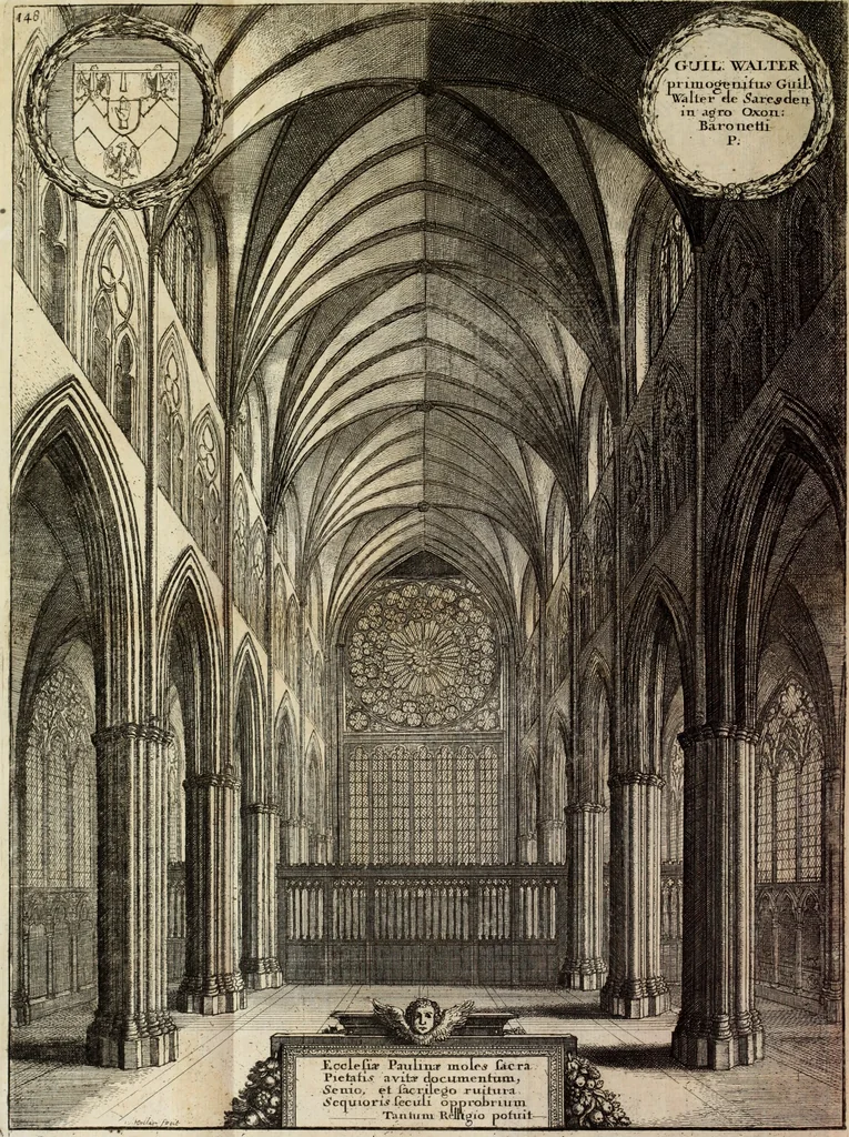 An illustration from The history of St. Paul's Cathedral in London, from its foundation ... : beautified with sundry prospects of the old fabrick, which was destroyed by the fire of that city, 1666 : as also with the figures of the tombs and monuments therein, which were all defaced in the late rebellion : whereunto is added, a continuation thereof, setting forth what was done in the structure of the new church, to the year 1685 : likewise, an historical account of the northern cathedrals, and chief collegiate churches in the province of York, 1716, leaf 199