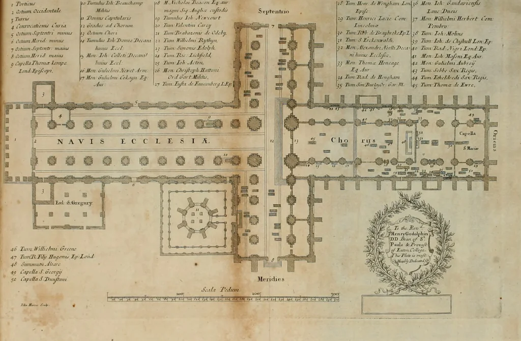 An illustration from The history of St. Paul's Cathedral in London, from its foundation ... : beautified with sundry prospects of the old fabrick, which was destroyed by the fire of that city, 1666 : as also with the figures of the tombs and monuments therein, which were all defaced in the late rebellion : whereunto is added, a continuation thereof, setting forth what was done in the structure of the new church, to the year 1685 : likewise, an historical account of the northern cathedrals, and chief collegiate churches in the province of York, 1716, leaf 200