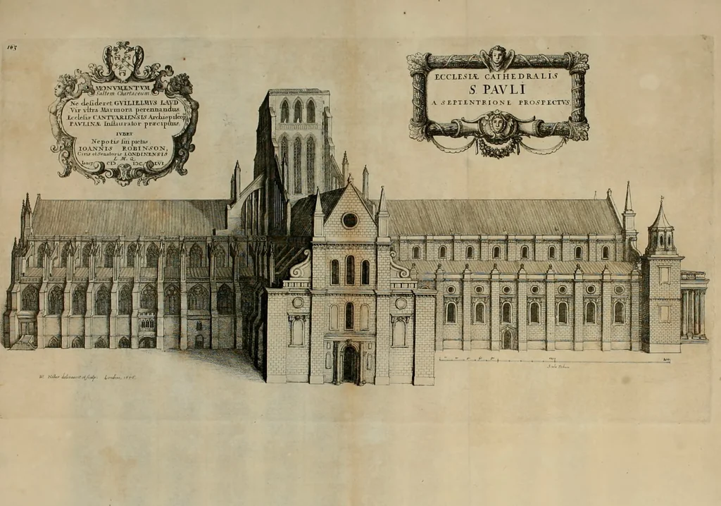 An illustration from The history of St. Paul's Cathedral in London, from its foundation ... : beautified with sundry prospects of the old fabrick, which was destroyed by the fire of that city, 1666 : as also with the figures of the tombs and monuments therein, which were all defaced in the late rebellion : whereunto is added, a continuation thereof, setting forth what was done in the structure of the new church, to the year 1685 : likewise, an historical account of the northern cathedrals, and chief collegiate churches in the province of York, 1716, leaf 203