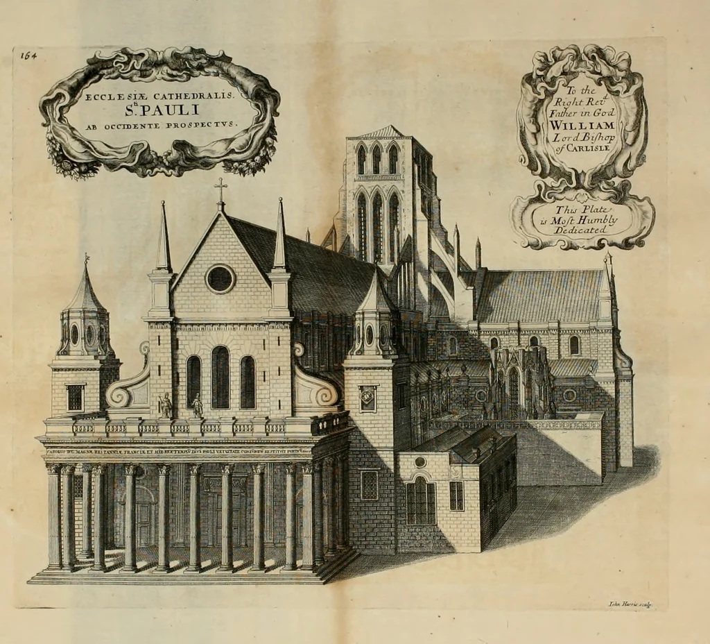 An illustration from The history of St. Paul's Cathedral in London, from its foundation ... : beautified with sundry prospects of the old fabrick, which was destroyed by the fire of that city, 1666 : as also with the figures of the tombs and monuments therein, which were all defaced in the late rebellion : whereunto is added, a continuation thereof, setting forth what was done in the structure of the new church, to the year 1685 : likewise, an historical account of the northern cathedrals, and chief collegiate churches in the province of York, 1716, leaf 205