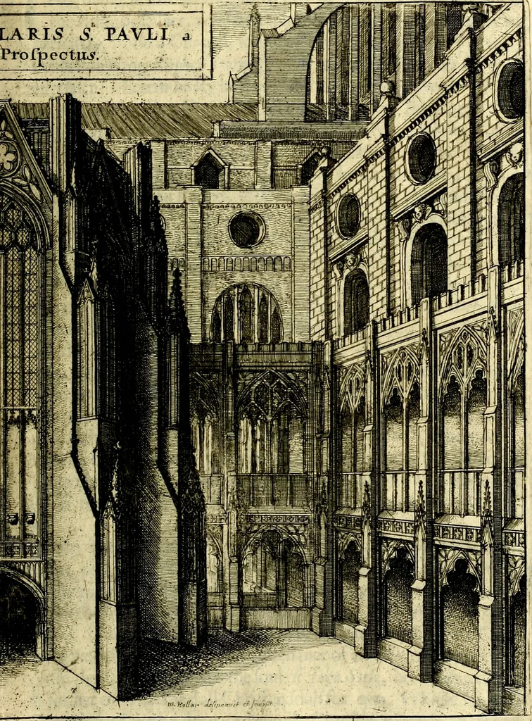An illustration from The history of St. Pauls cathedral in London, from its foundation untill these times: extracted out of originall charters. records. leiger books, and other manuscripts. Beautified with sundry prospects of the church, figures of tombes, and monuments, 1658, leaf 154