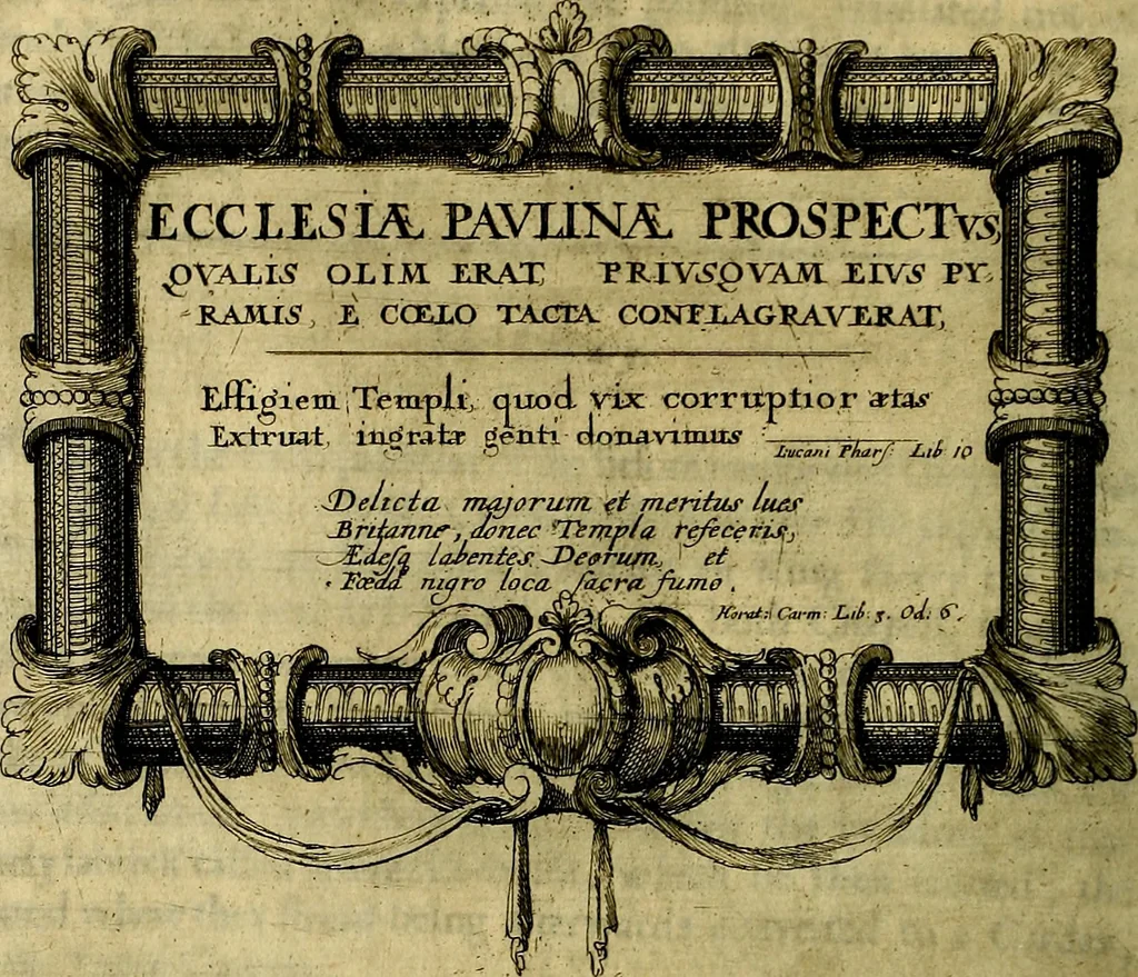 An illustration from The history of St. Pauls cathedral in London, from its foundation untill these times: extracted out of originall charters. records. leiger books, and other manuscripts. Beautified with sundry prospects of the church, figures of tombes, and monuments, 1658, leaf 159