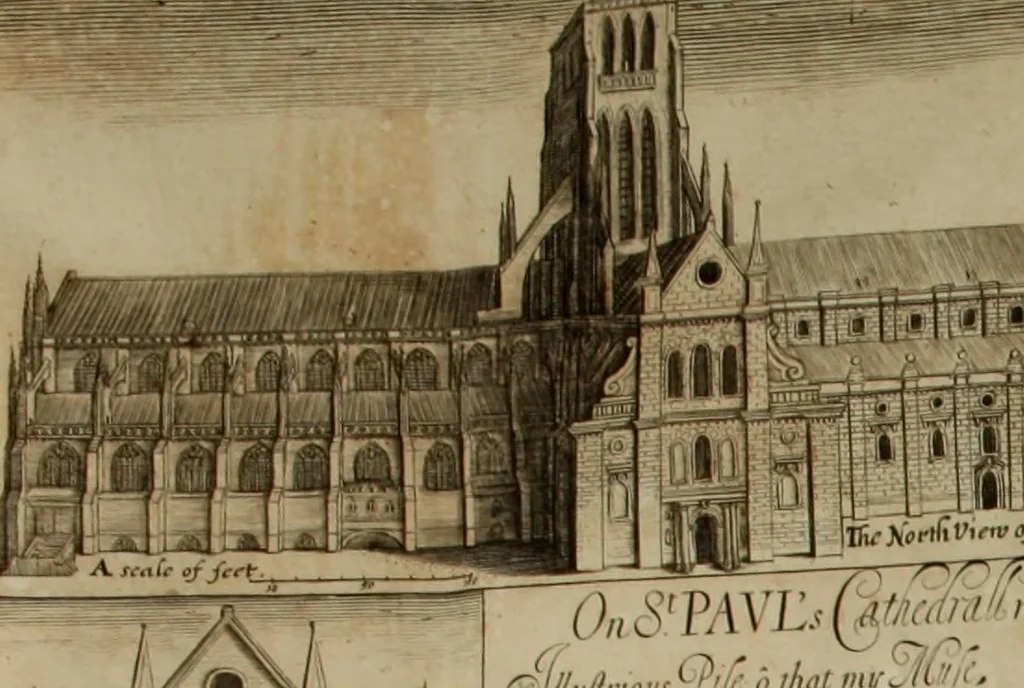An illustration from The history of St. Pauls cathedral in London, from its foundation untill these times: extracted out of originall charters. records. leiger books, and other manuscripts. Beautified with sundry prospects of the church, figures of tombes, and monuments, 1658, leaf 16