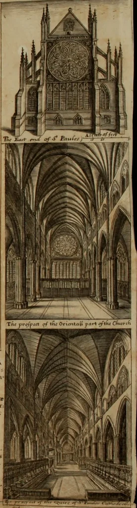 An illustration from The history of St. Pauls cathedral in London, from its foundation untill these times: extracted out of originall charters. records. leiger books, and other manuscripts. Beautified with sundry prospects of the church, figures of tombes, and monuments, 1658, leaf 16