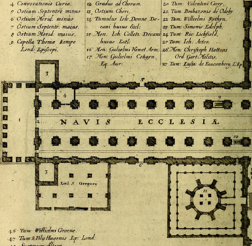 An illustration from The history of St. Pauls cathedral in London, from its foundation untill these times: extracted out of originall charters. records. leiger books, and other manuscripts. Beautified with sundry prospects of the church, figures of tombes, and monuments, 1658, leaf 171