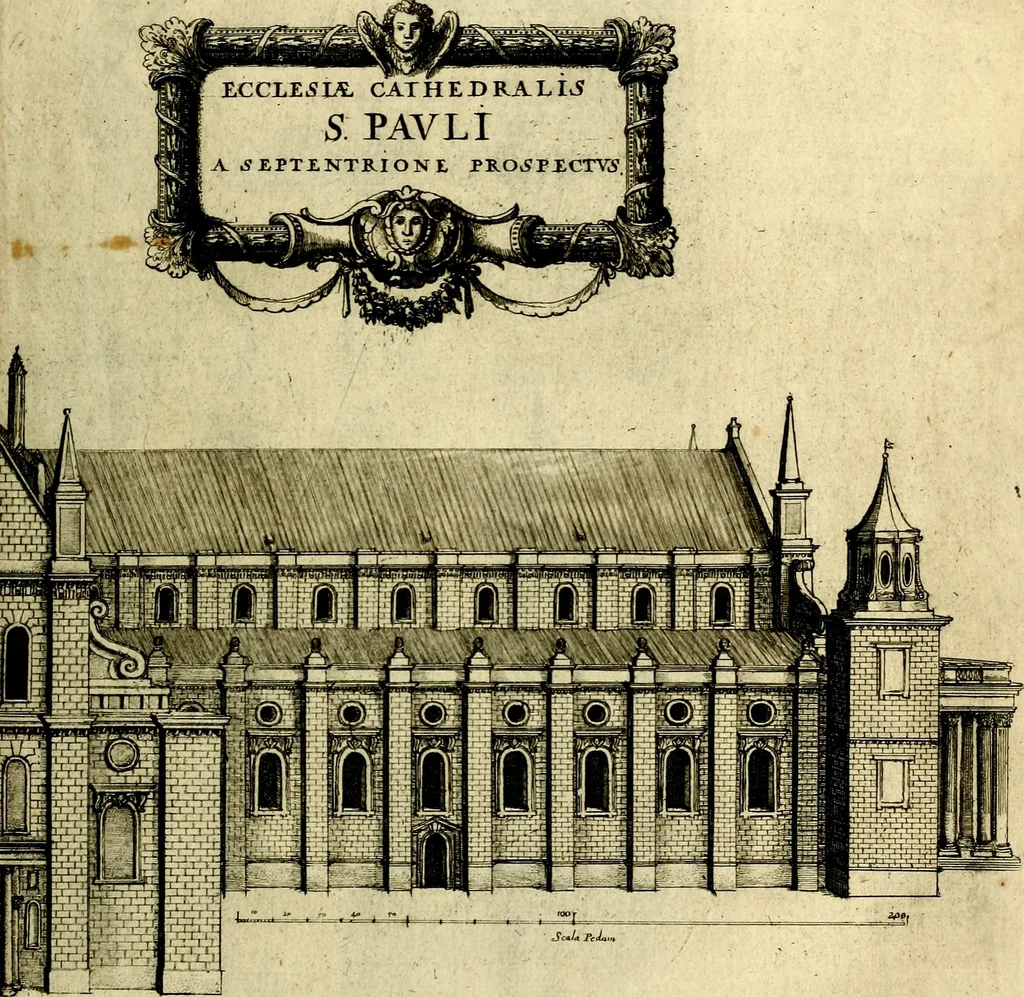 An illustration from The history of St. Pauls cathedral in London, from its foundation untill these times: extracted out of originall charters. records. leiger books, and other manuscripts. Beautified with sundry prospects of the church, figures of tombes, and monuments, 1658, leaf 180