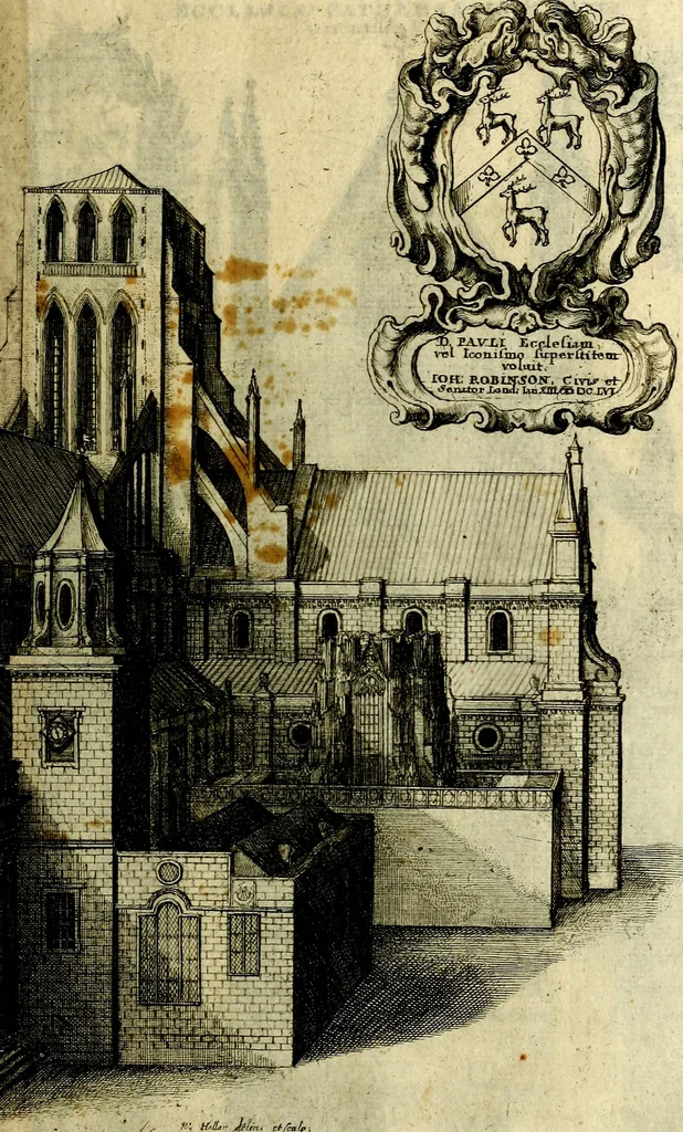 An illustration from The history of St. Pauls cathedral in London, from its foundation untill these times: extracted out of originall charters. records. leiger books, and other manuscripts. Beautified with sundry prospects of the church, figures of tombes, and monuments, 1658, leaf 184
