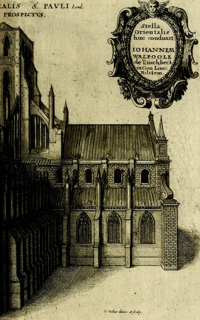 An illustration from The history of St. Pauls cathedral in London, from its foundation untill these times: extracted out of originall charters. records. leiger books, and other manuscripts. Beautified with sundry prospects of the church, figures of tombes, and monuments, 1658, leaf 190