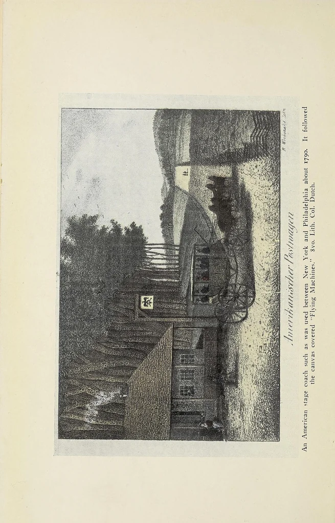 An illustration from A history of travel in America : showing the development of travel and transportation from the crude methods of the canoe and the dog-sled to the highly organized railway systems of the present, together with a narrative of the human experiences and changing social conditions that accompanied this economic conquest of the continent, 1915, leaf 12
