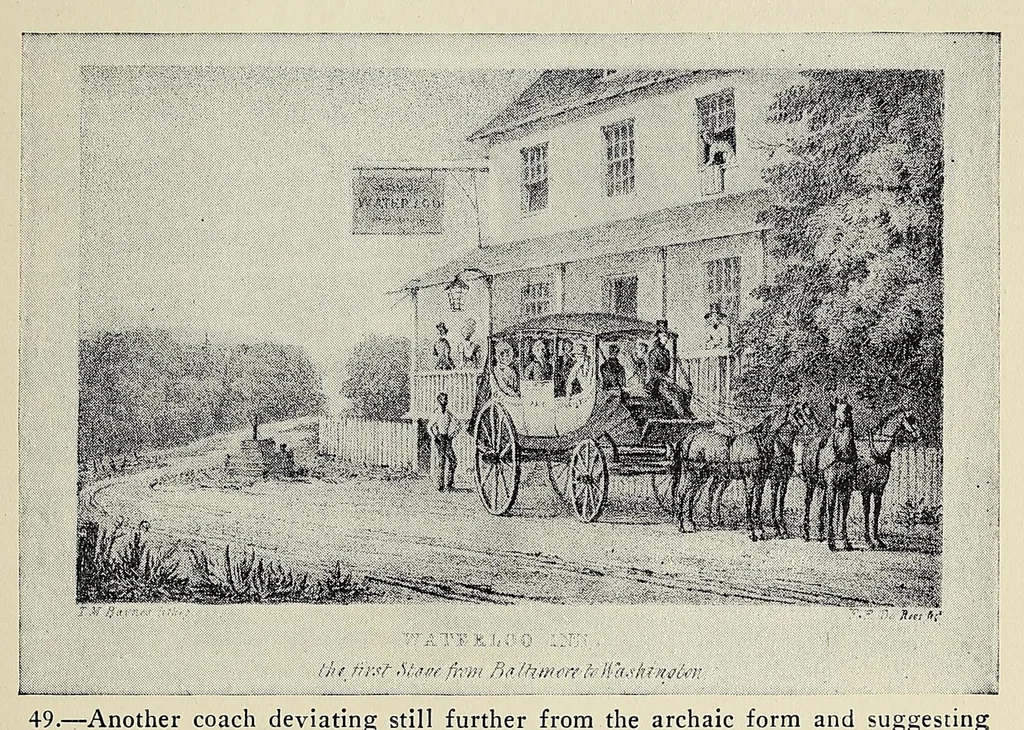 An illustration from A history of travel in America : showing the development of travel and transportation from the crude methods of the canoe and the dog-sled to the highly organized railway systems of the present, together with a narrative of the human experiences and changing social conditions that accompanied this economic conquest of the continent, 1915, leaf 257