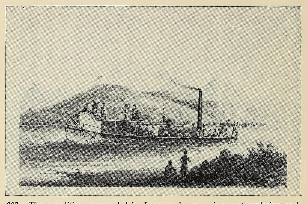 An illustration from A history of travel in America : showing the development of travel and transportation from the crude methods of the canoe and the dog-sled to the highly organized railway systems of the present, together with a narrative of the human experiences and changing social conditions that accompanied this economic conquest of the continent, 1915, leaf 42