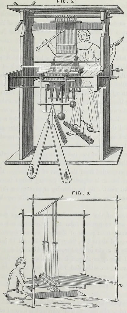 An illustration from The history and principles of weaving by hand and by power : reprinted, with considerable additions, from "Engineering," with a chapter on lace-making machinery, reprinted from the "Journal of the Society of Arts", 1878, leaf 77