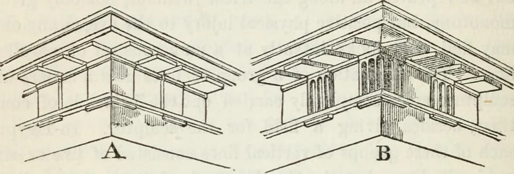 An illustration from The history and rudiments of architecture; embracing, I. The orders of architecture; II. Architectural styles of various countries; III. The nature and principles of design in architecture; and, IV. An accurate and complete glossary of architectural terms .., 1853, leaf 195