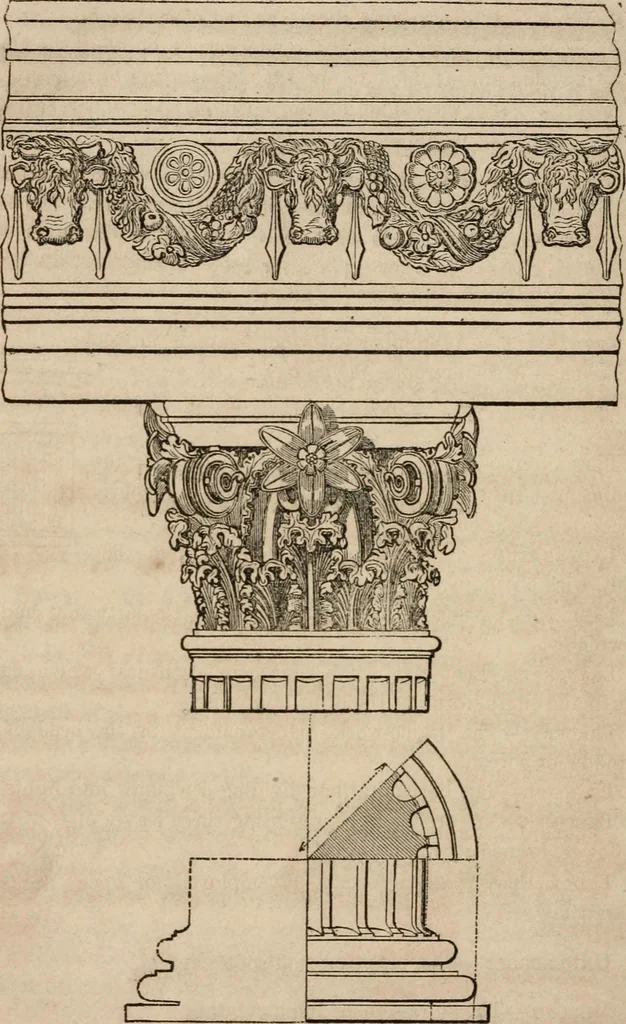 An illustration from The history and rudiments of architecture; embracing, I. The orders of architecture; II. Architectural styles of various countries; III. The nature and principles of design in architecture; and, IV. An accurate and complete glossary of architectural terms .., 1853, leaf 285