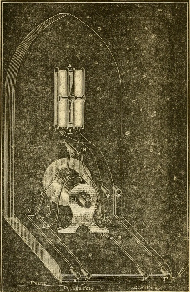 An illustration from History, theory, and practice of the electric telegraph, 1866, leaf 121