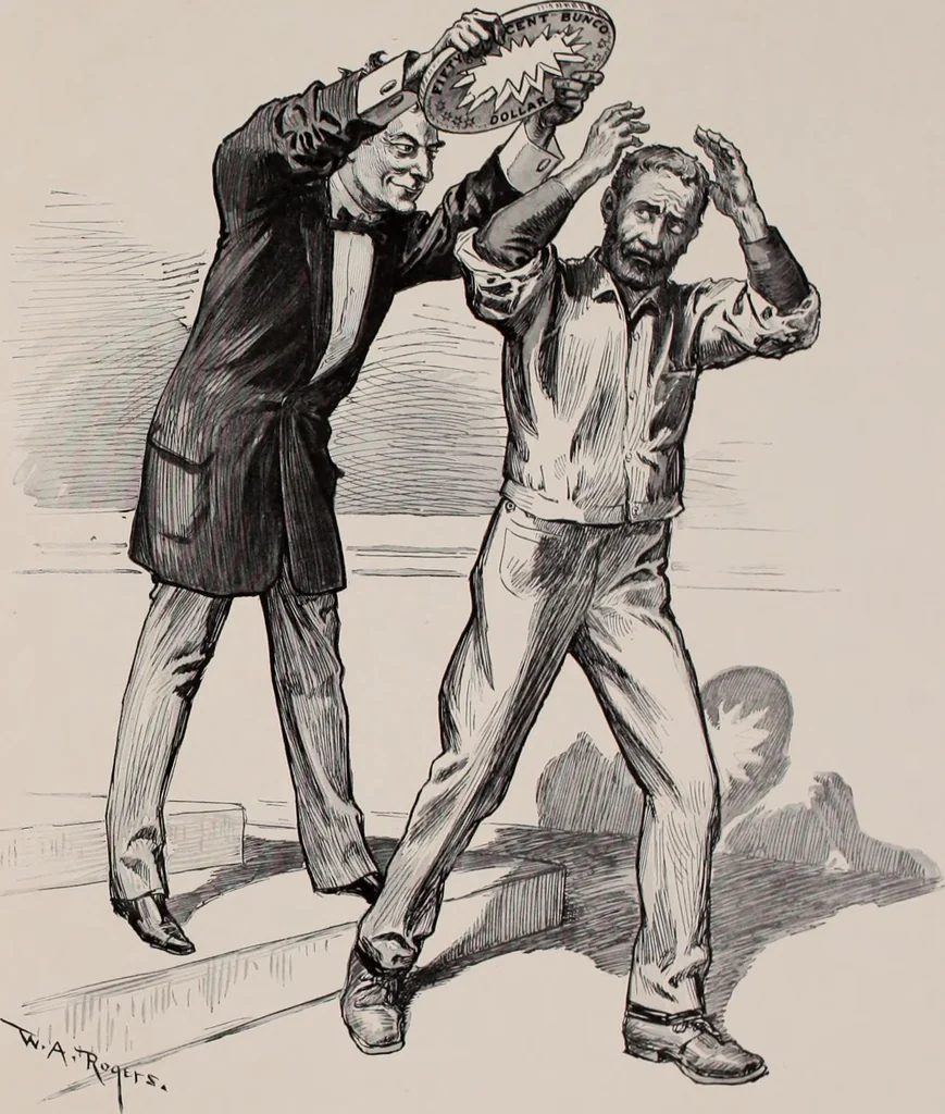 An illustration from Hits at politics : a series of cartoons / by W.A. Rogers., 1899, leaf 106