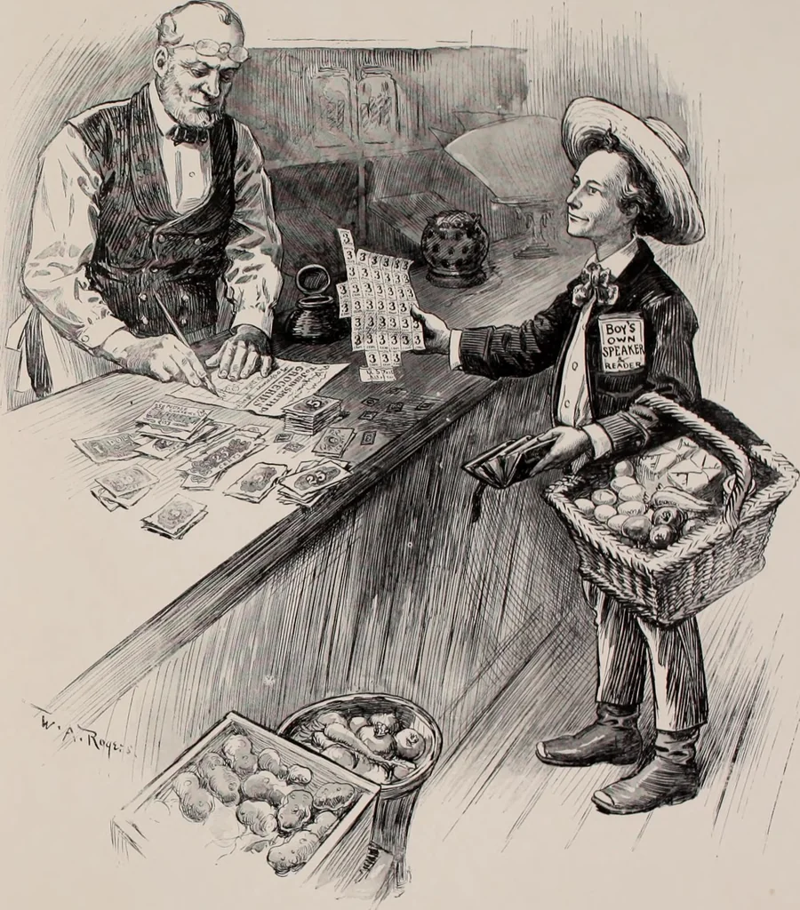 An illustration from Hits at politics : a series of cartoons / by W.A. Rogers., 1899, leaf 108