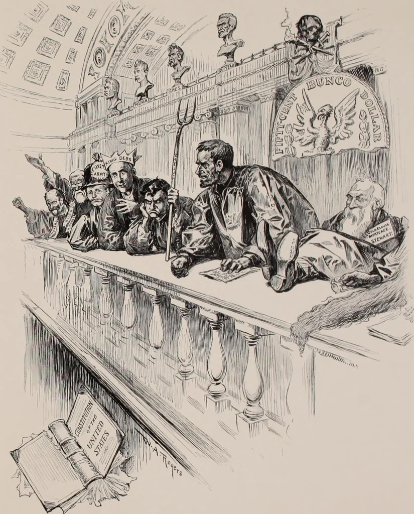 An illustration from Hits at politics : a series of cartoons / by W.A. Rogers., 1899, leaf 110