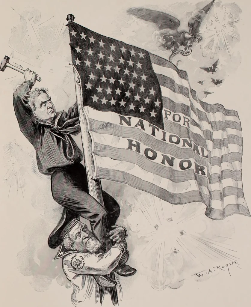 An illustration from Hits at politics : a series of cartoons / by W.A. Rogers., 1899, leaf 120