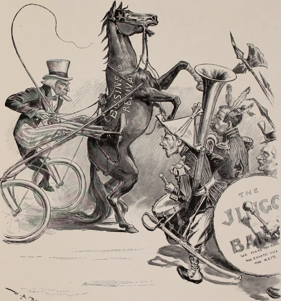 An illustration from Hits at politics : a series of cartoons / by W.A. Rogers., 1899, leaf 122