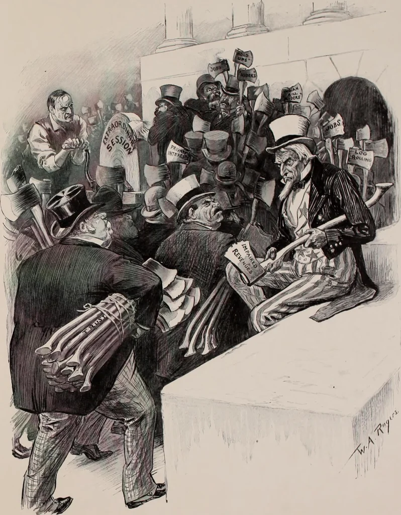 An illustration from Hits at politics : a series of cartoons / by W.A. Rogers., 1899, leaf 128