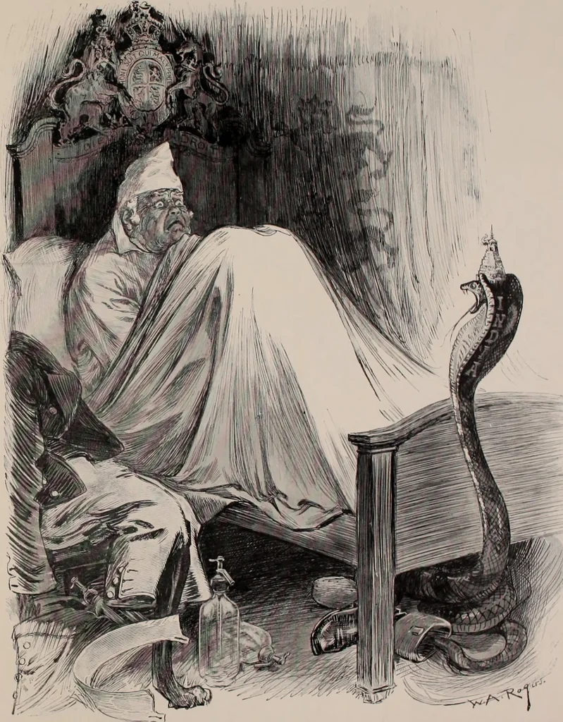 An illustration from Hits at politics : a series of cartoons / by W.A. Rogers., 1899, leaf 134