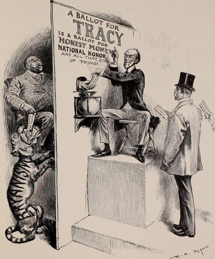 An illustration from Hits at politics : a series of cartoons / by W.A. Rogers., 1899, leaf 136
