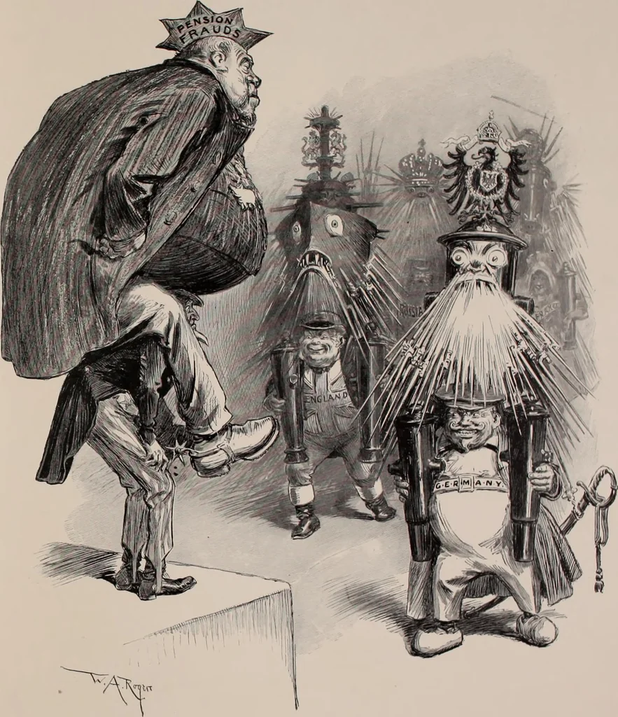 An illustration from Hits at politics : a series of cartoons / by W.A. Rogers., 1899, leaf 138
