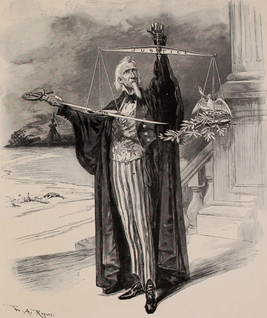 An illustration from Hits at politics : a series of cartoons / by W.A. Rogers., 1899, leaf 144