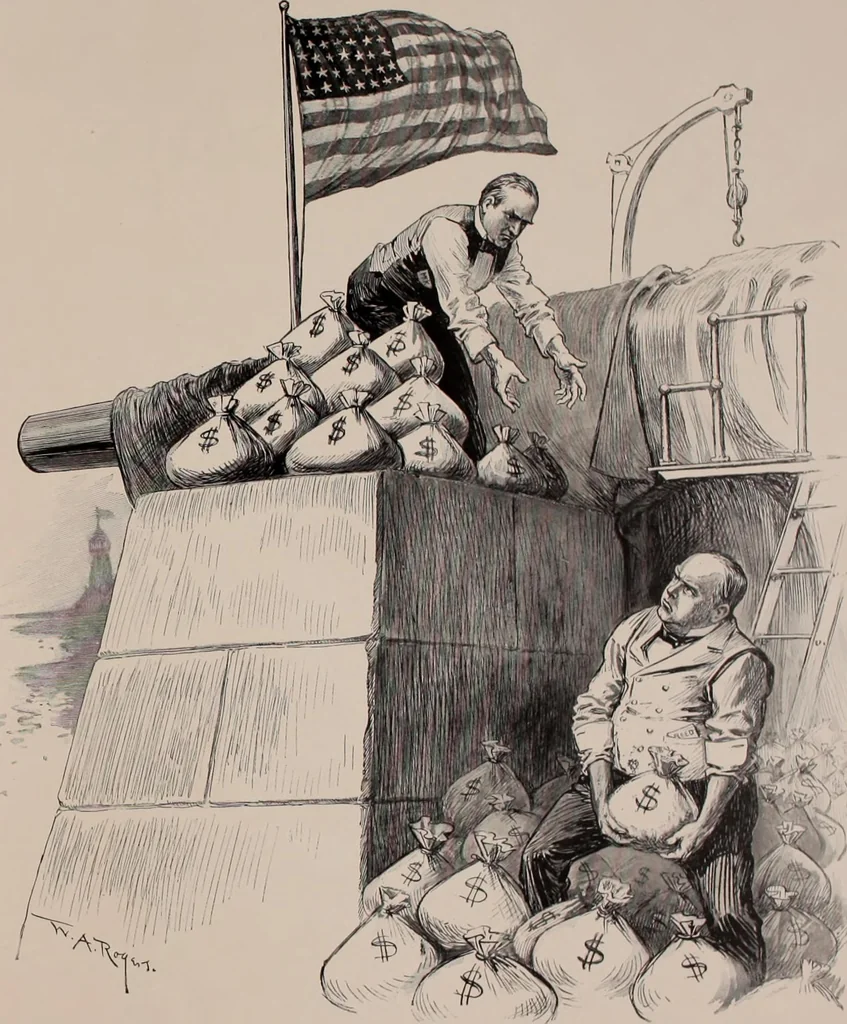 An illustration from Hits at politics : a series of cartoons / by W.A. Rogers., 1899, leaf 146