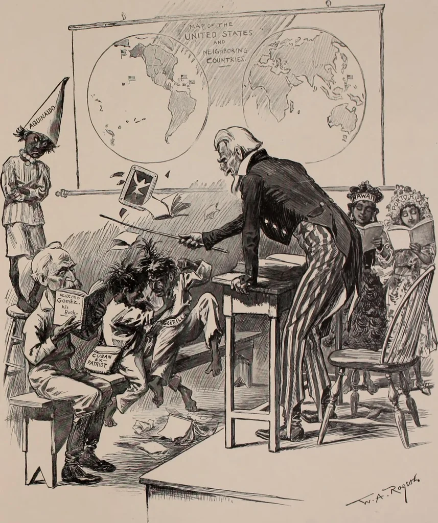 An illustration from Hits at politics : a series of cartoons / by W.A. Rogers., 1899, leaf 150