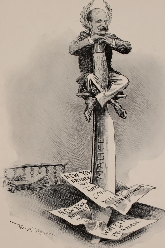 An illustration from Hits at politics : a series of cartoons / by W.A. Rogers., 1899, leaf 16