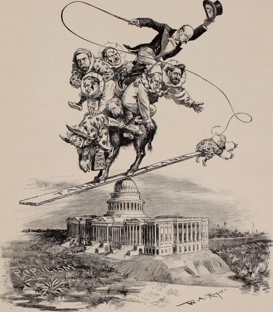 An illustration from Hits at politics : a series of cartoons / by W.A. Rogers., 1899, leaf 18