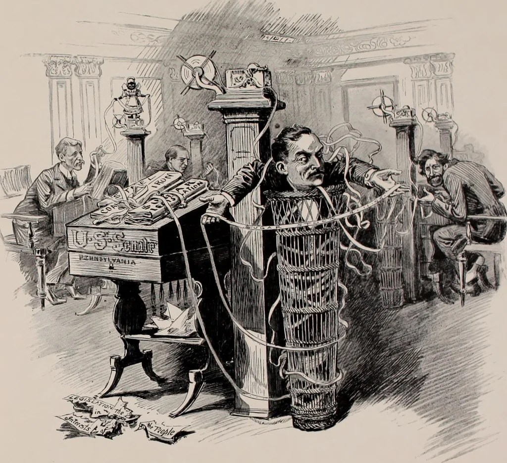 An illustration from Hits at politics : a series of cartoons / by W.A. Rogers., 1899, leaf 26