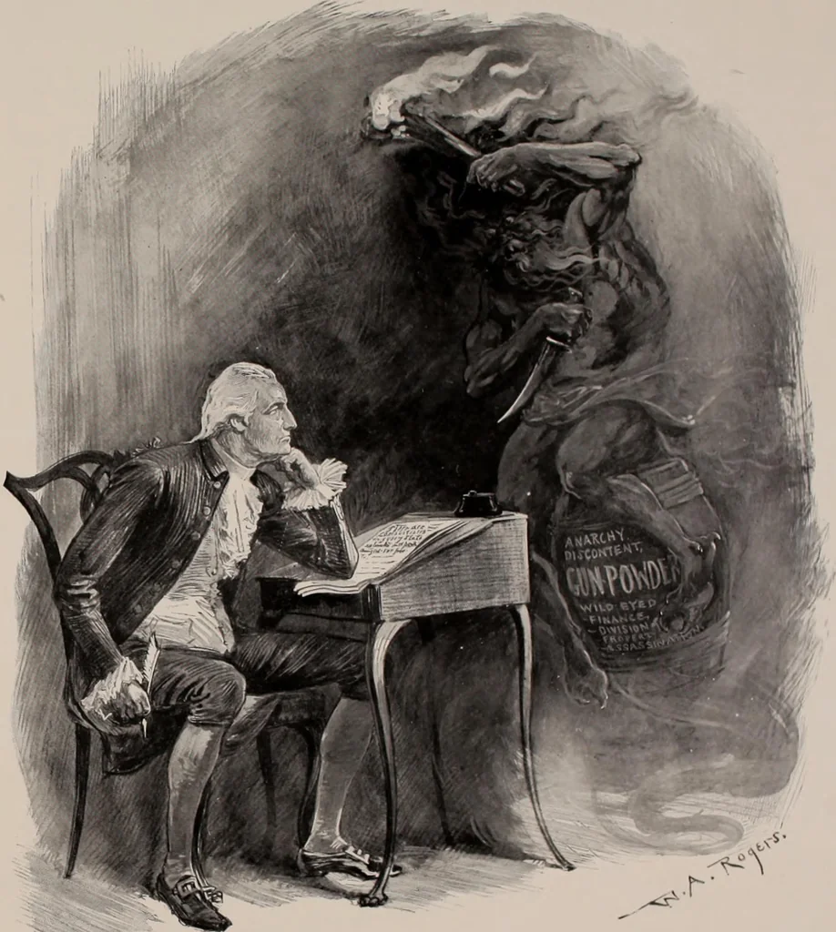 An illustration from Hits at politics : a series of cartoons / by W.A. Rogers., 1899, leaf 28