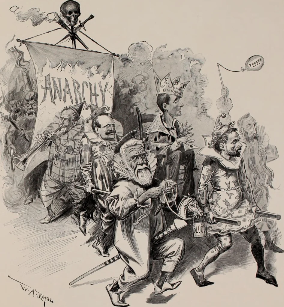 An illustration from Hits at politics : a series of cartoons / by W.A. Rogers., 1899, leaf 32