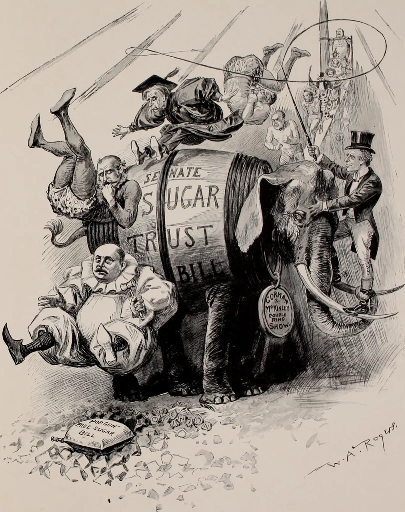 An illustration from Hits at politics : a series of cartoons / by W.A. Rogers., 1899, leaf 34