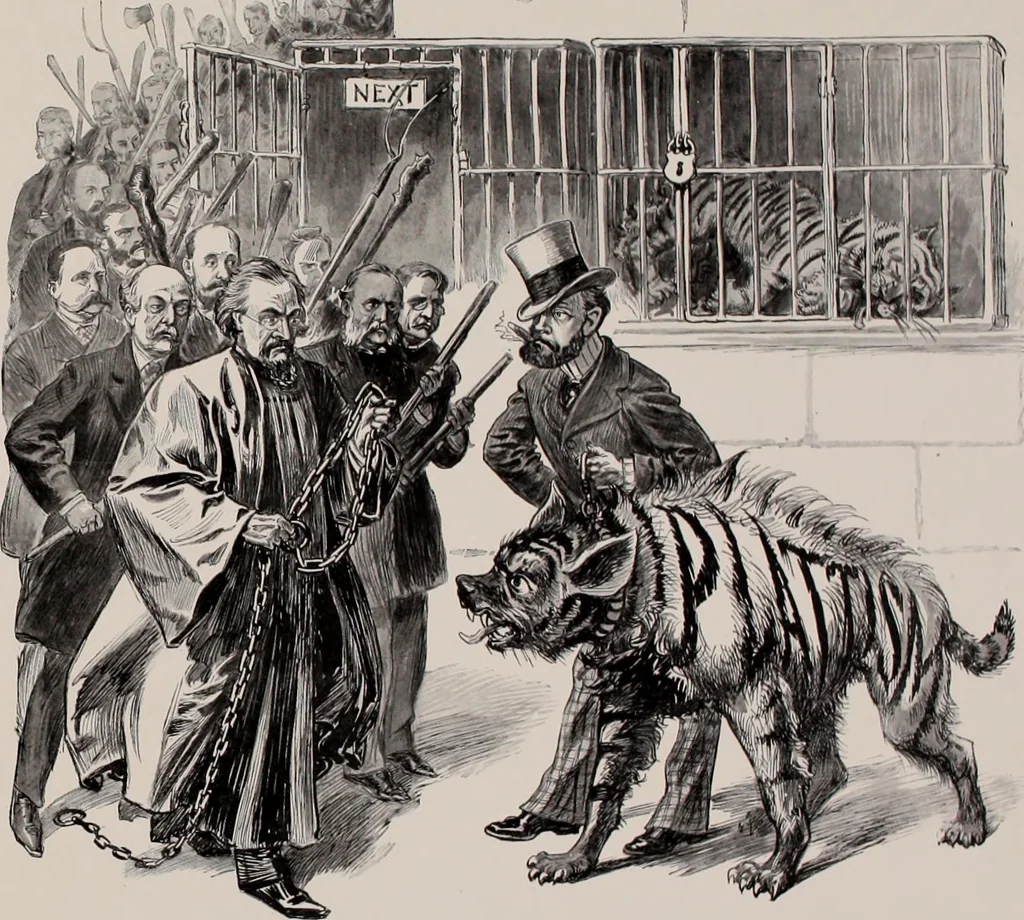 An illustration from Hits at politics : a series of cartoons / by W.A. Rogers., 1899, leaf 40